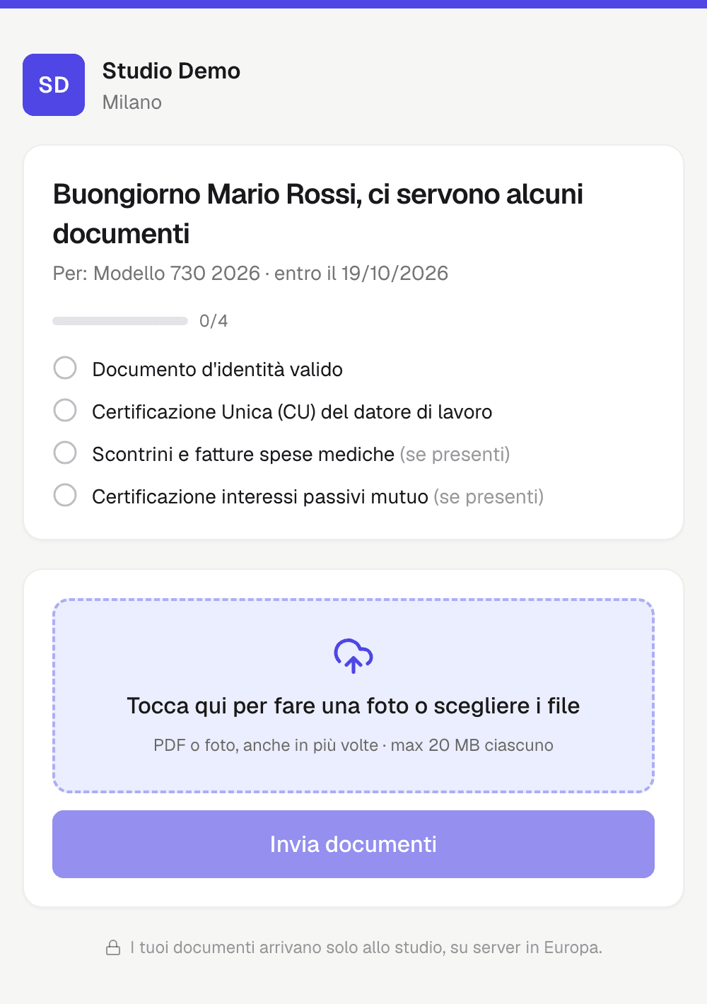 La pagina che vede il cliente per caricare i documenti