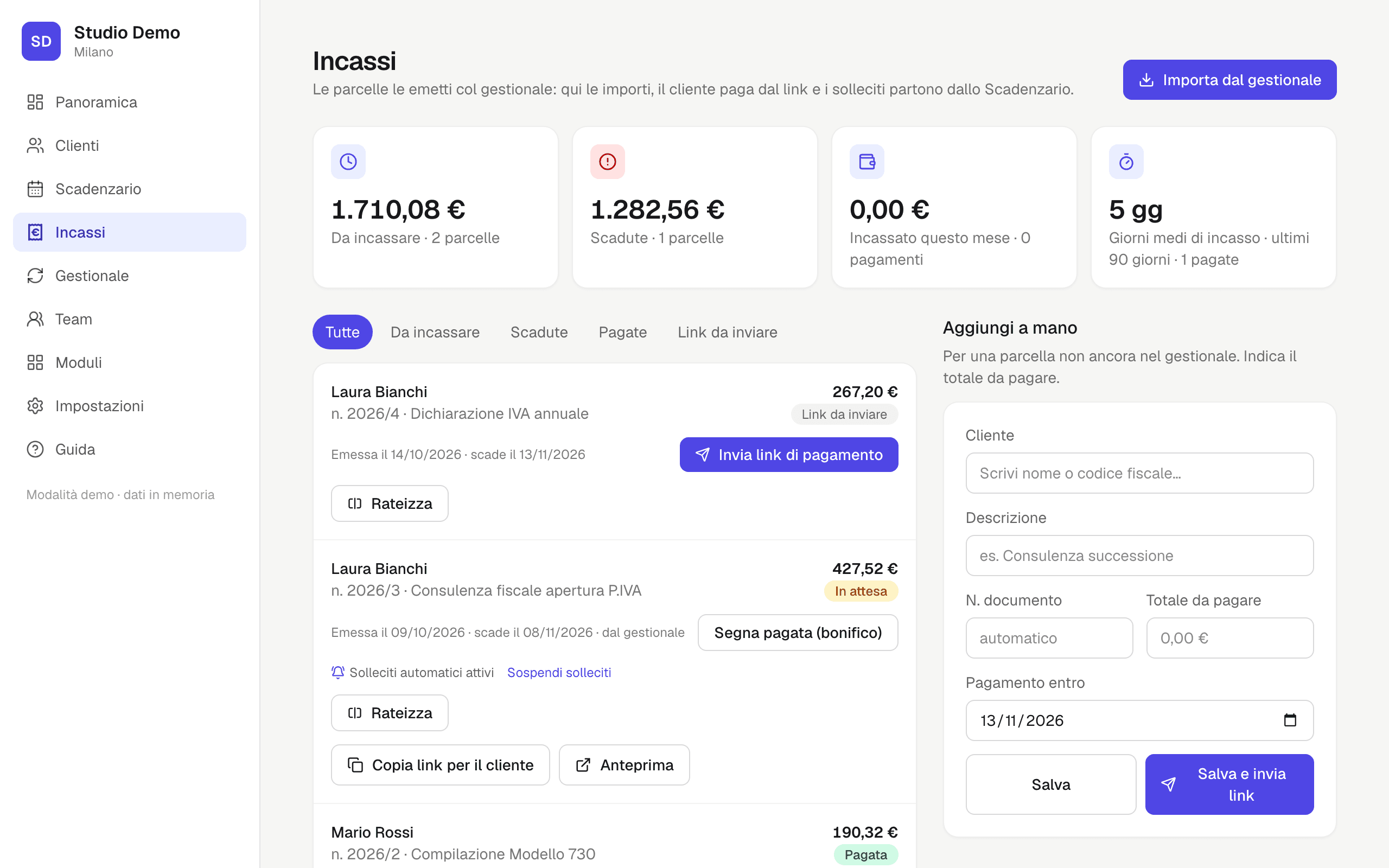 Incassi delle parcelle con importi da incassare e scaduti