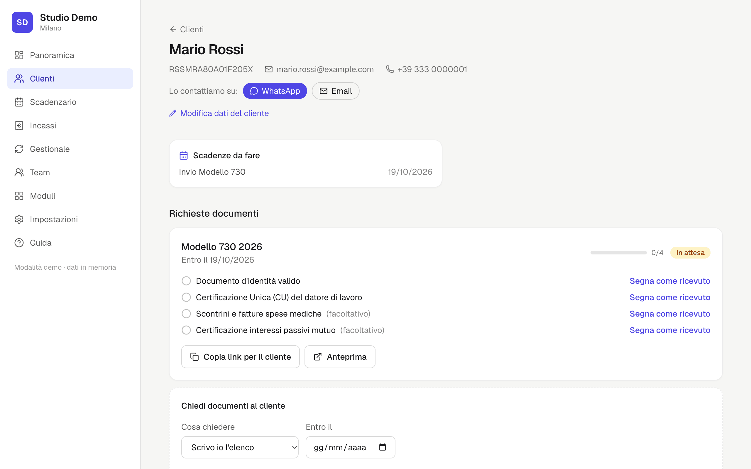 La scheda di un cliente con la richiesta di documenti e cosa manca